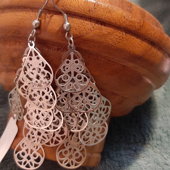 Classic Elegance Jewelry - Stainless Steel Openwork Chandelier Earrings